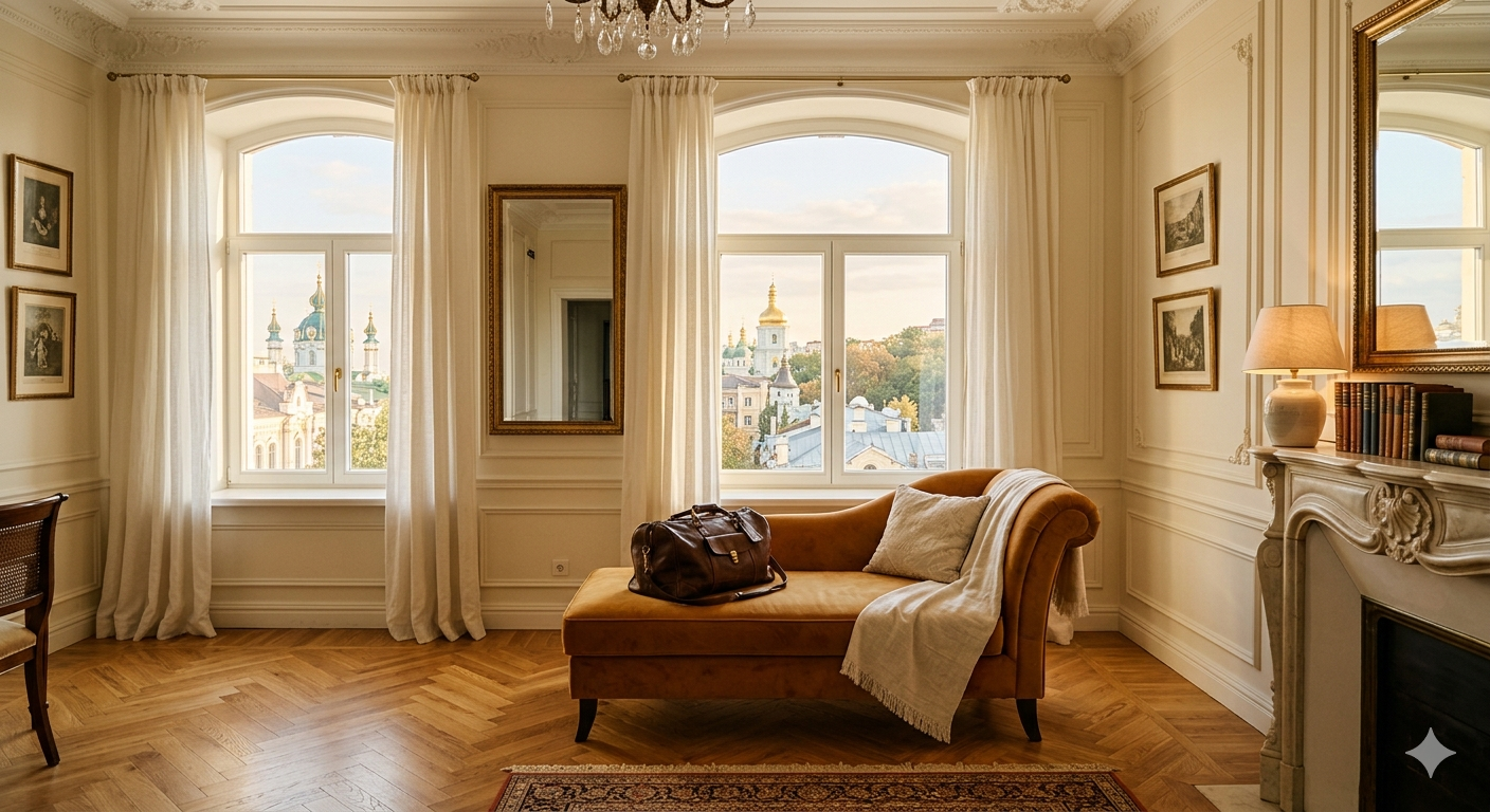 Luxury suite overlooking Kyiv at dusk